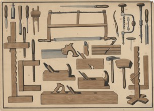 Color lithograph with various woodworking tools typically used by carpenters or carpenters,