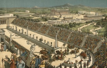 Chariot racing in historic Greece, Athens, authentic, digitally restored reproduction from a 19th