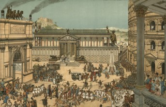 Reconstruction of the Roman Forum, the religious, political and commercial center of ancient Rome,