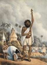 Fakir in India is worshipped by a woman kneeling in front of him, authentic, digitally restored