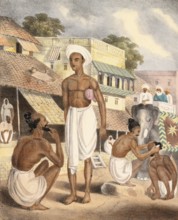 Hairdresser on the street with waiting customers, India, authentic, digitally restored reproduction