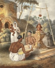 Brahmins at a Toolsee altar, India, authentic, digitally restored reproduction from a 19th century