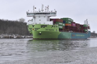 ECO MAESTRO container ship in the icy Kiel Canal, NOK, Kielkanal, Kielcanal, Schleswig-Holstein,