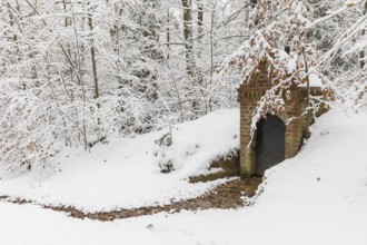 Small water spring with house in snow, Thrarandter Wald, Saxony, Germany
