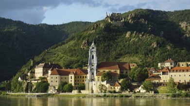 Evening light over Dürnstein with dramatic landscape and river, Danube cycle path, Wachau World