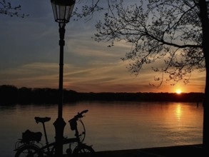 Sunset on the waterfront with silhouette of a bicycle leaning against a lantern, Tegeler See,