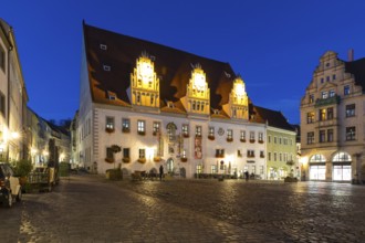 Market square with town hall at blue hour, twilight view, Meissen, Saxony, Germany