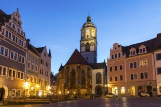 Market square with Church of Our Lady with glockenspiel at the Blue Hour, twilight view, Meissen,