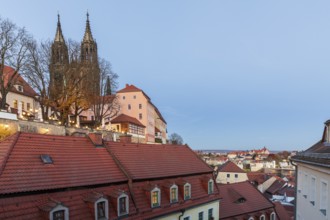 Albrechtsburg and cathedral over the old town at blue hour, twilight view, Meissen, Saxony, Germany