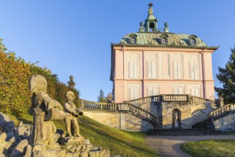 Fassan castle with fountain figures in the foreground, Moritzburg, Saxony, Germany