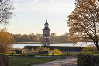 Lighthouse at Fasanenschlösschen in Moritzburg at sunrise, Saxony, Germany