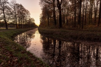 On the canal, visual axis to the pheasant castle in morning light, Moritzburg Castle Park, Saxony,
