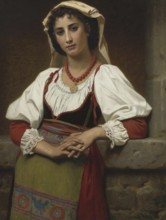 Hugues Merle (1822 to 1881), French painter: The Neapolitan Girl (1876), young woman in colourful,