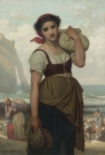 Hugues Merle (1822 to 1881), French painter: The Washerwoman of Etretat, Laveuse D'étretat (1869),
