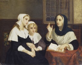 Hugues Merle (1822 to 1881), French painter: Reading the Bible (1859), domestic scene of woman