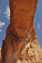 Close-up of Pine Tree Arch, a sandstone bridge, against a blue sky, Arches National Park, Utah, USA