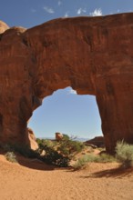 Pine Tree Arch, a large sandstone arch with clear sky in the background, Arches National Park,