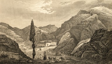 Mountain landscape on Sinai, Egypt, fortress, small herd of goats, shepherd, tree, sparse