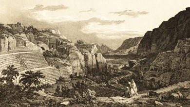 Petra Rock Theatre, Jordan, ancient architecture, mountain landscape, river, semicircle, steps,