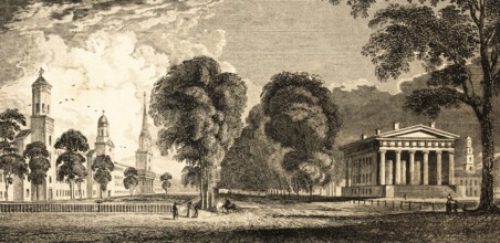 New Haven, state of Connecticut, USA, park, walkers, church towers, temple-like building, pillars,