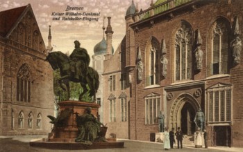 Historical postcard around 1900, Bremen, Kaiser Wilhelm Memorial and Ratskeller, Germany,