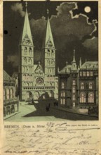 Historical postcard around 1900, Bremen, cathedral and stock exchange, Germany, reproduction of a