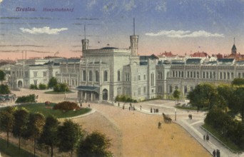 Historical postcard around 1900, Wroclaw main station, today Wroclaw, Lower Silesia, Poland,