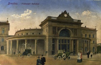 Historical postcard around 1900, Freiburg railway station in Breslau, today Wroclaw in Lower