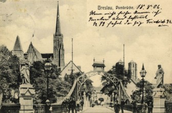 Historical postcard around 1900, cathedral bridge in Breslau, today Wroclaw, Lower Silesia, Poland,