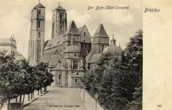 Historical postcard around 1900, the cathedral from the south-east side, Wroclaw, today Wroclaw,
