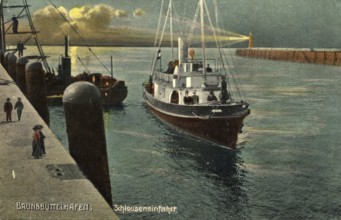 Historical postcard around 1900, Brunsbüttelhafen, Schleuseneinfahrt, Schleswig-Holstein, Germany,