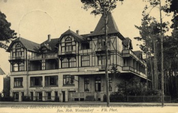 Historic postcard around 1900, Baltic resort Brunshaupten i.M., Hotel Dünenhaus, historic town on