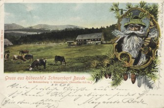 Historical postcard around 1900, greetings from Rübezahl' s Mustache Baude near Brückenberg in the