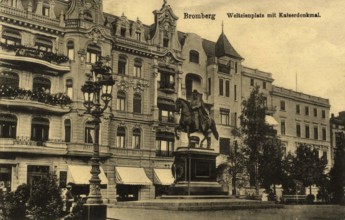 Historical postcard around 1900, Bromberg, Weltzienplatz with imperial monument, today Bydgoszcz,