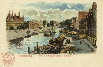 Historical postcard around 1900, Bydgoszcz, view of the Brahe from the Gdansk Bridge, today