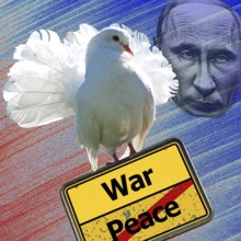Symbolic image, dove of peace with sign War or Peace, further peace, Trump Irrified, Putin and