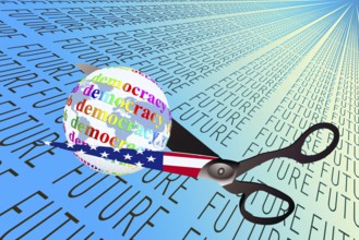 Symbolic image, future threatened, gap cuts democracy, Trump and Maga movement as a threat to USA