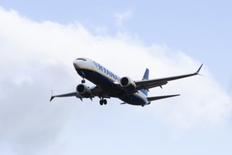 Boeing 737 commercial passenger airliner jet aircraft of Ryanair airways in flight on approach to
