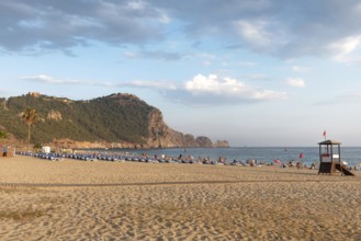 Beautiful wide sandy beach on the Mediterranean coast of Turkey in the popular package holiday