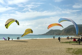 Alanya, Turkey. April 8th 2021 Paragliding from the Taurus Mountains to Kleopatra Beach in the