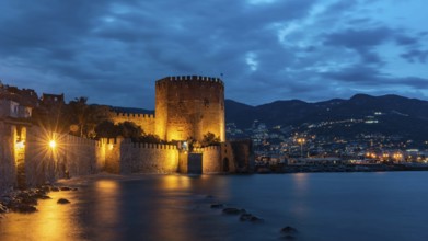 Alanya, Turkey, April 9th 2021 Stunning panorama of Alanya Harbour and the Red Tower at night with