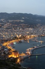 Alanya, Turkey. April 6th 2021 Beautiful portrait of Alanya Harbour and the Red Tower at night with