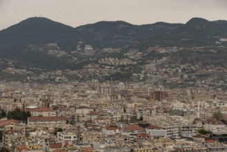 Alanya, Turkey. April 6th 2021 Aerial view of Alanya city set on the slopes the Taurus Mountains,