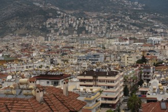 Alanya, Turkey. April 6th 2021 Aerial view of rooftops of the crowded city of Alanya on the Turkish