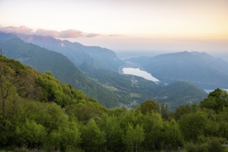 View of Lake Lugano from Mount Sighignola at sunset, Balcone Svizzero, Tessin, Switzerland