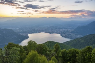 View of Lake Lugano and Lugano from Mount Sighignola at sunset, Balcone Svizzero, Tessin,