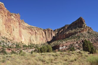 Steeply sloping rocky landscape with sparse vegetation under bright blue sky, Capitol Reef National