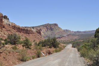 Gravel road through rolling red rock landscape, ideal landscape, Capitol Reef National Park, Utha,