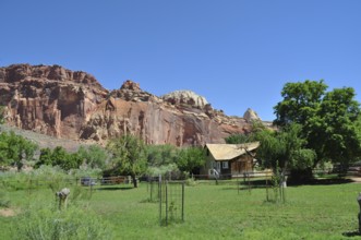Small wooden house in front of reddish brown rocks, surrounded by green trees and grass, Fruita,