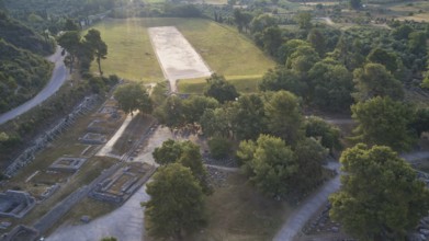 Ancient stadium in the morning backlight, ancient ruins next to a wide meadow, framed by dense tree